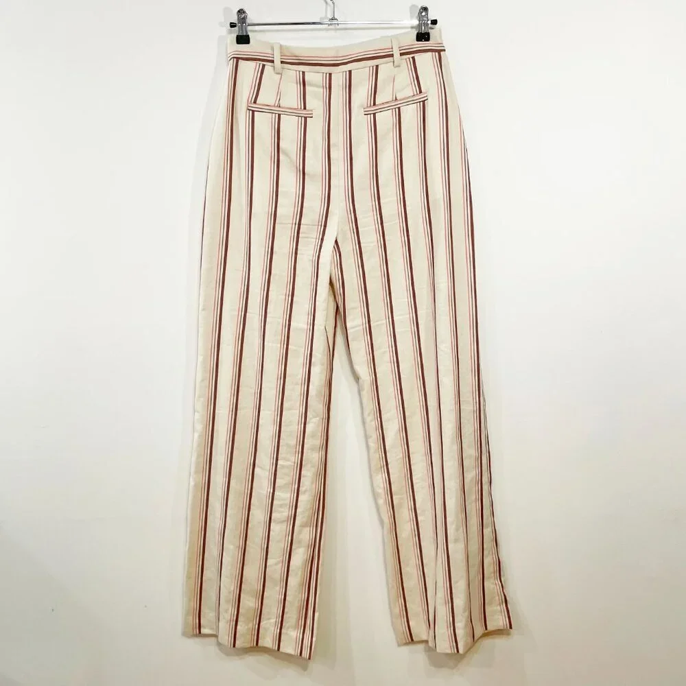 EUC Sezane Matheo Striped Linen Cotton Wide Leg Pant Ecru Brown 38, 6